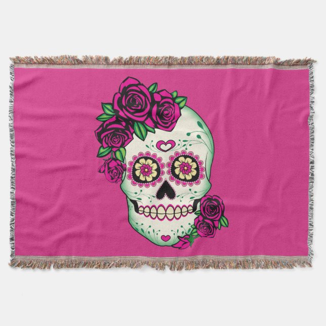Sugar Skull with Roses Throw Blanket (Front)