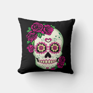Sugar Skull with Roses Throw Pillow