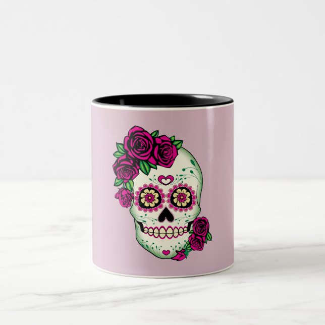 Sugar Skull with Roses Two-Tone Coffee Mug (Center)