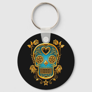 Sugar Skull with Roses, yellow and blue Keychain