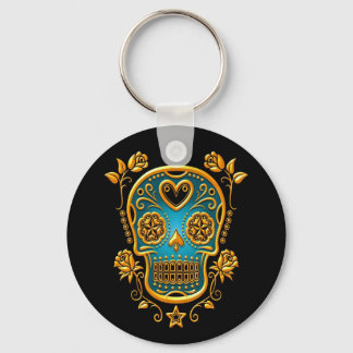 Sugar Skull with Roses, yellow and blue Keychain