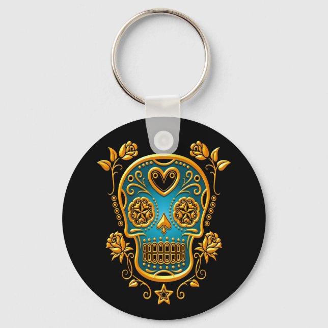 Sugar Skull with Roses, yellow and blue Keychain (Front)