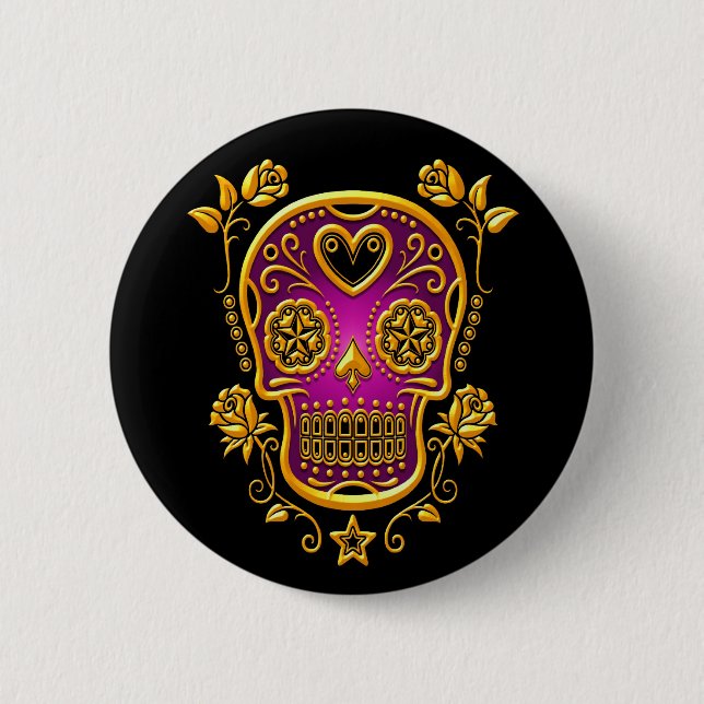 Sugar Skull with Roses, yellow and purple Button (Front)