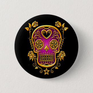 Sugar Skull with Roses, yellow and purple Button