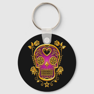 Sugar Skull with Roses, yellow and purple Keychain