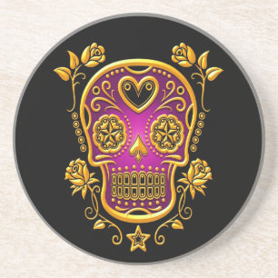 Sugar Skull with Roses, yellow and purple Sandstone Coaster