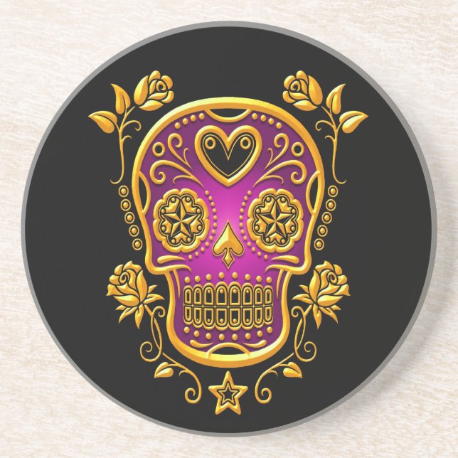 Sugar Skull with Roses, yellow and purple Sandstone Coaster (Front)