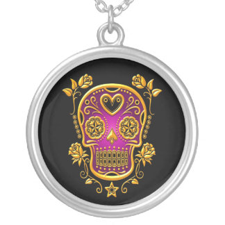 Sugar Skull with Roses, yellow and purple Silver Plated Necklace