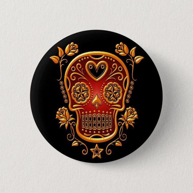 Sugar Skull with Roses, yellow and red Pinback Button (Front)