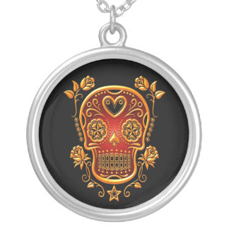 Sugar Skull with Roses, yellow and red Silver Plated Necklace