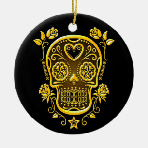 Sugar Skull with Roses, yellow Ceramic Ornament