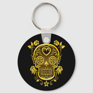 Sugar Skull with Roses, yellow Keychain