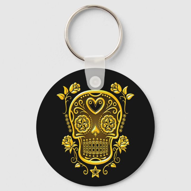 Sugar Skull with Roses, yellow Keychain (Front)