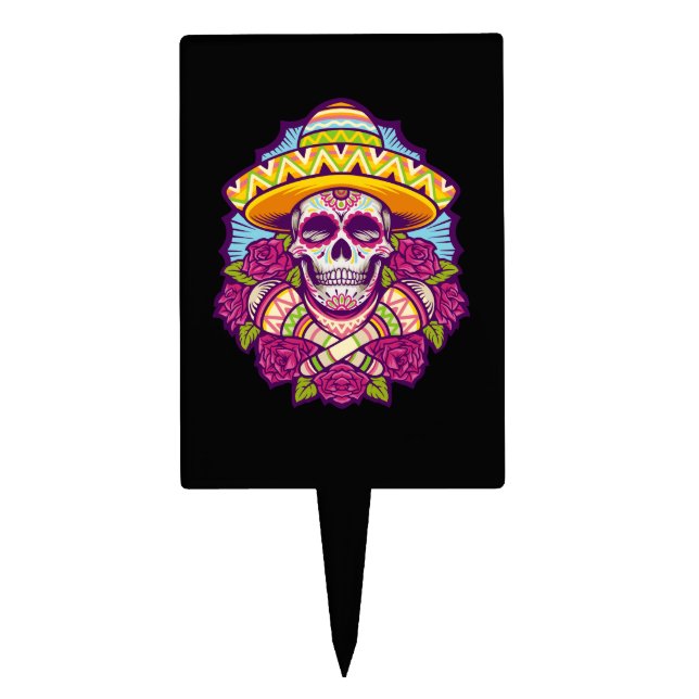 Sugar Skull with Sombrero | Dia De Los Muertos Cake Topper (Front)
