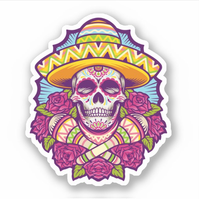 Sugar Skull with Sombrero | Dia De Los Muertos Sticker (Front)