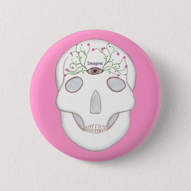 Sugar Skull with Third Eye and Flower Buds Imagine Button (Front)