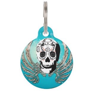Sugar skull with wings made of metal pet name tag