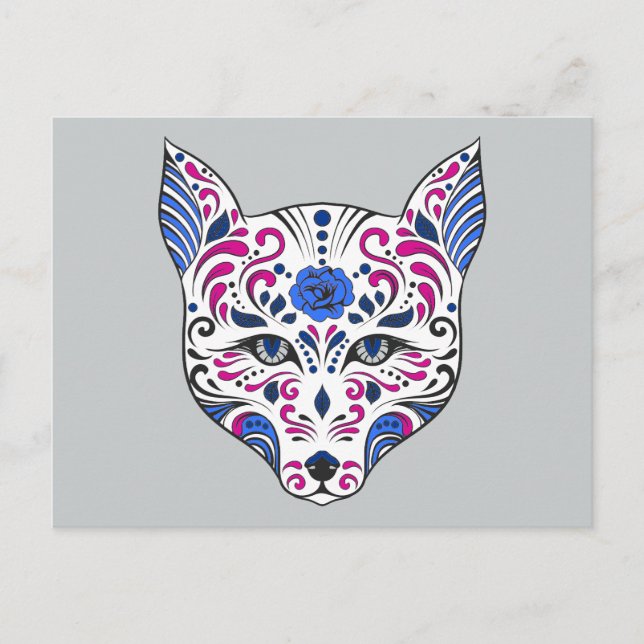 Sugar Skull Wolf Head Blue Purple Postcard (Front)