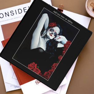 Sugar Skull Woman Gothic Black Red Roses Portrait 3 Ring Binder
