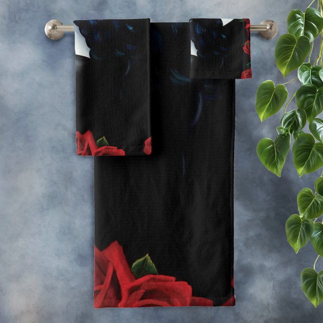 Sugar Skull Woman Gothic Black Red Roses Portrait Bath Towel Set (Creator Uploaded)