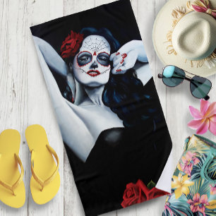 Sugar Skull Woman Gothic Black Red Roses Portrait Beach Towel