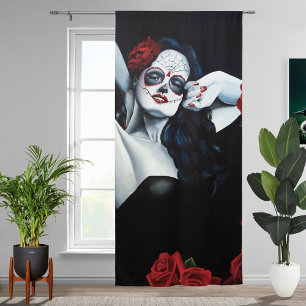 Sugar Skull Woman Gothic Black Red Roses Portrait Blackout Curtains