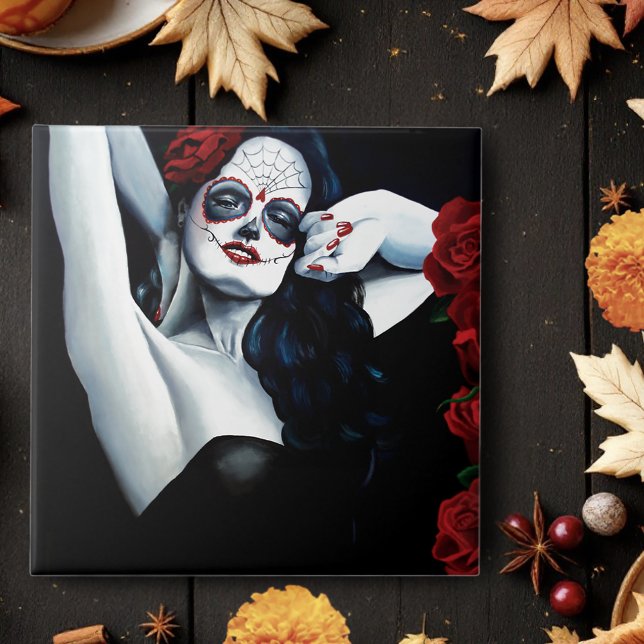 Sugar Skull Woman Gothic Black Red Roses Portrait Ceramic Tile (Creator Uploaded)