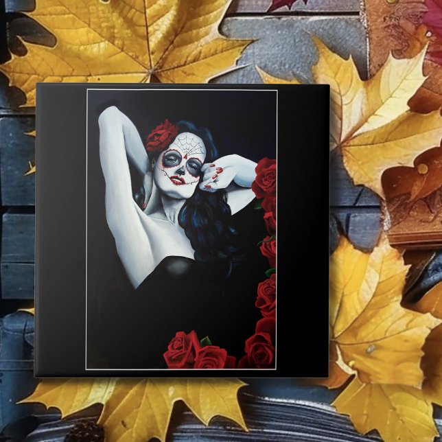 Sugar Skull Woman Gothic Black Red Roses Portrait Ceramic Tile (Creator Uploaded)