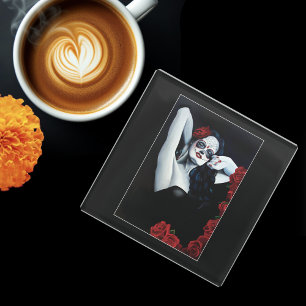 Sugar Skull Woman Gothic Black Red Roses Portrait Glass Coaster