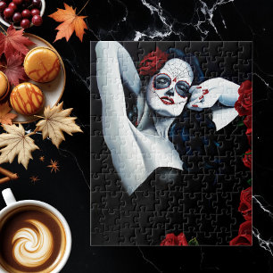 Sugar Skull Woman Gothic Black Red Roses Portrait Jigsaw Puzzle