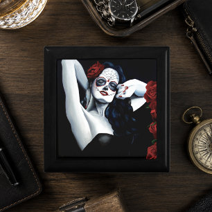 Sugar Skull Woman Gothic Black Red Roses Portrait Keepsake Box