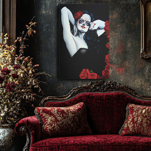 Sugar Skull Woman Gothic Black Red Roses Portrait Metal Print