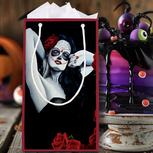 Sugar Skull Woman Gothic Black Red Roses Portrait Small Gift Bag