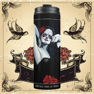 Sugar Skull Woman Gothic Black Red Roses Portrait Thermal Tumbler