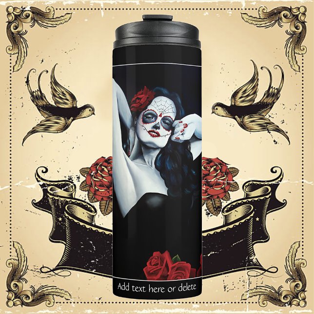 Sugar Skull Woman Gothic Black Red Roses Portrait Thermal Tumbler (Creator Uploaded)