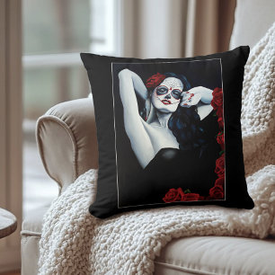 Sugar Skull Woman Gothic Black Red Roses Portrait Throw Pillow