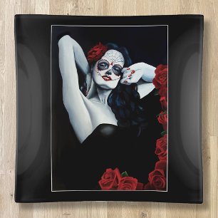 Sugar Skull Woman Gothic Black Red Roses Portrait Trinket Tray