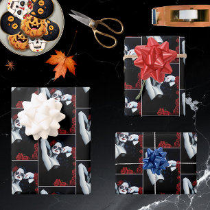 Sugar Skull Woman Gothic Black Red Roses Portrait Wrapping Paper Sheets