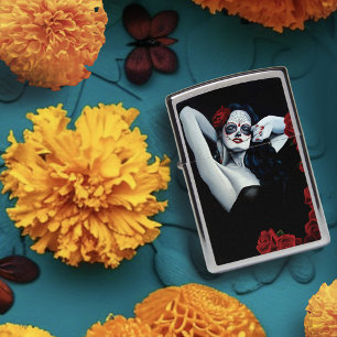 Sugar Skull Woman Gothic Black Red Roses Portrait Zippo Lighter