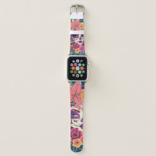 Sugar skull woman in flower crown portrait apple watch band