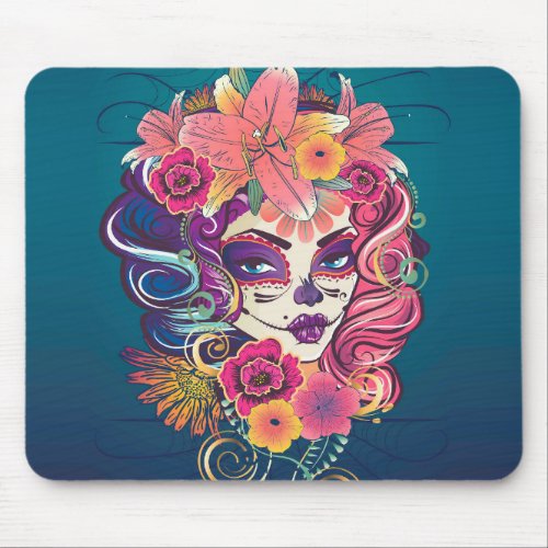 Sugar skull woman in flower crown portrait mouse pad
