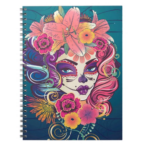 Sugar skull woman in flower crown portrait notebook