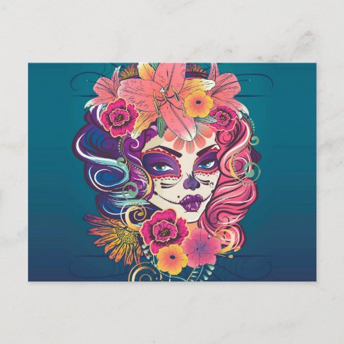 Sugar skull woman in flower crown portrait postcard