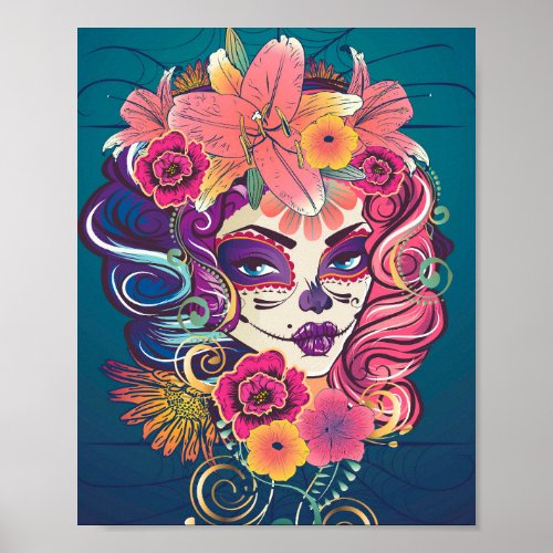 Sugar skull woman in flower crown portrait poster