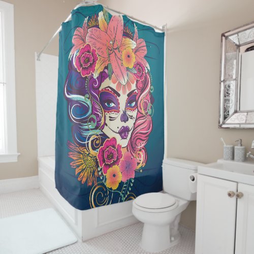 Sugar skull woman in flower crown portrait shower curtain