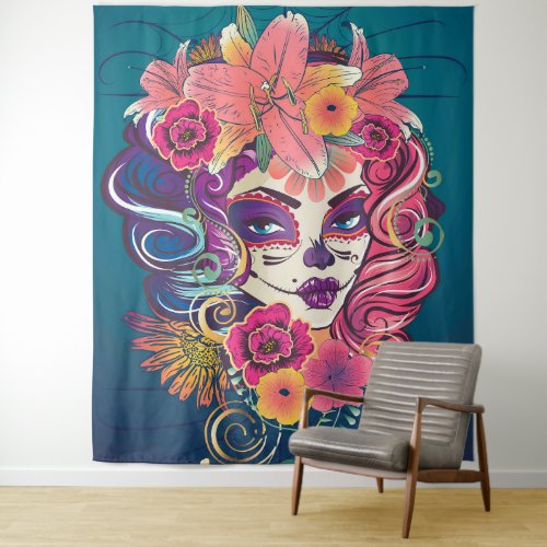 Sugar skull woman in flower crown portrait tapestry