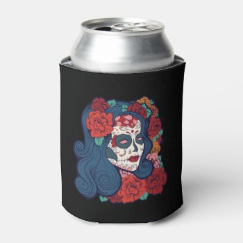 Sugar Skull Woman Red Roses In Hair Can Cooler by TattooSugarSkulls at Zazzle