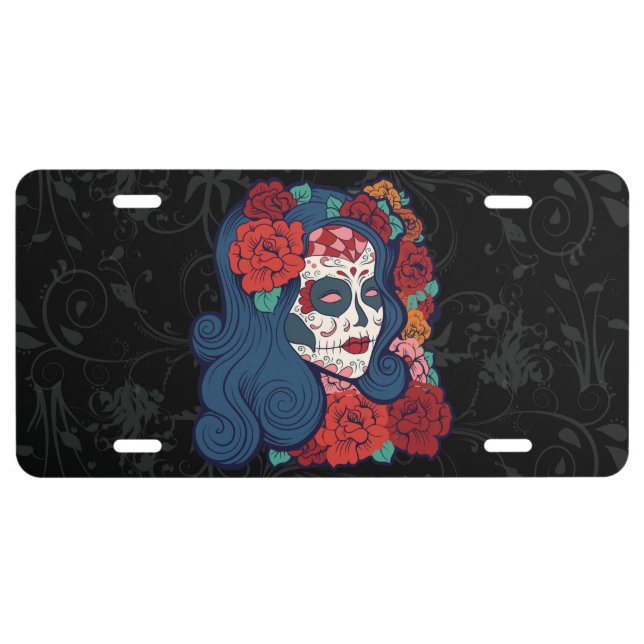 Sugar Skull Woman Red Roses In Hair License Plate (Front)
