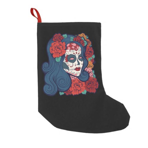 Sugar Skull Woman Red Roses In Hair Small Christmas Stocking