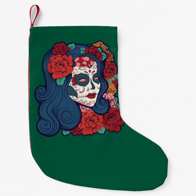Sugar Skull Woman Red Roses In Hair Small Christmas Stocking (Front)